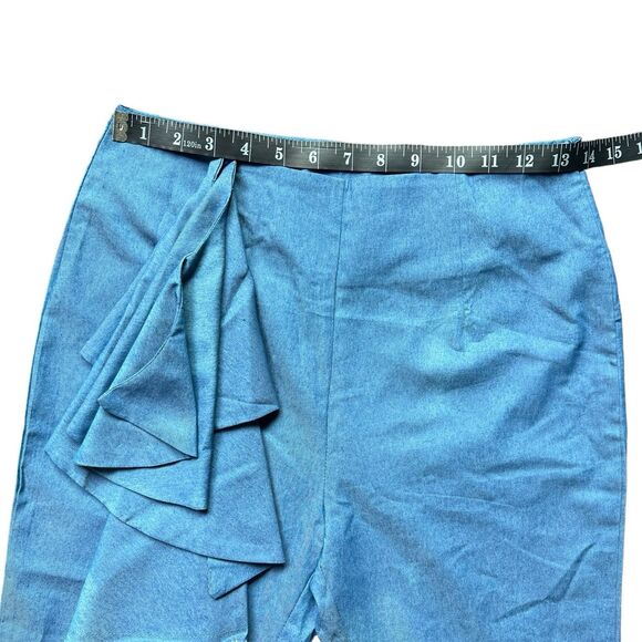 NWT Fashion Mia Womens S Ruffle Sided Pants Chambray High Waisted Blue Appr 28” - Picture 6 of 9